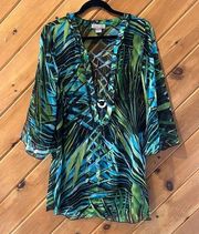 Peppermint bay tropical palm leaves sheer swim coverup