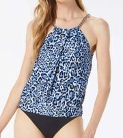 Michael Kors Women's Blouson High-Neck Tankini Top Blue Medium NWT $138