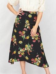 Mango  MNG Floral Print Black Yellow Midi skirt with Belt size 2 NWT New