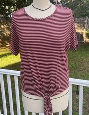 Burgundy and white striped tie front sleeve tee