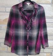 Joie Fara B Plaid Ruffle Button Up Shirt Plaid Medium