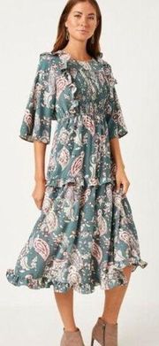 Hayden LA boutique green floral paisley wide sleeve smocked midi dress NWT