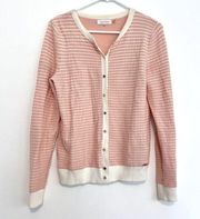 CALVIN KLEIN Pink White Striped Textured Ribbed Knit Button Cardigan Sweater S