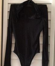 Fascinating sheer patterned Body Suit w Velvet Neckline and 3 Buttons