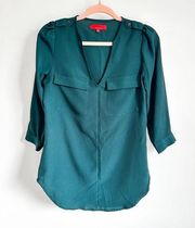 Red Saks Fifth Avenue Green Poplin Chiffon V neck Blouse Top sz Small