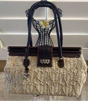 👜BRIGHTON Woven Straw & Brown Leather Shoulder Bag. Woven Hearts - EUC!