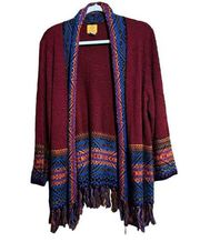 Ruby Rd Cardigan Womens 1X Red Multicolor Chunky Open Fringe Hem Tunic Sweater