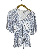 Francesca’s Blue Rain Paisley Boho V Neck Blouse XXS