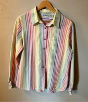 Blair 100% Cotton Rainbow Button Down Top Long Sleeve Stripes Collar Beachy L