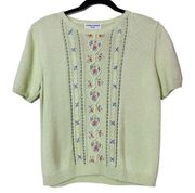 Vtg Alfred Dunner Petite Short Sleeve Cable Knit Sweater sz PM green embroidered