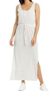 New  Striped Knit Henley Daina Dress Sleeveless Tie Waist Maxi White