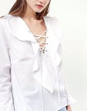 Stradivarius white blouse bell sleeves ruffles and criss cross front tie small