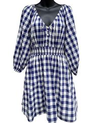 J.Crew  Navy & White Gingham Mini Dress 3/4 Sleeve Mocked Waist Women’s S SPRING