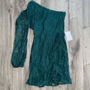 WAYF Mini Dress Small Forest Green One Shoulder Lace Cocktail Summer Wedding NWT
