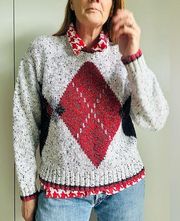 Vintage Liz Claiborne Argyle Style Sweater Knits Grey Red mockneck Fall