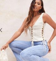 Woven Lace Up Detail Plunge Sleeveless Top