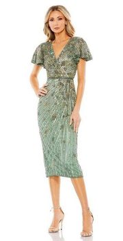 MAC DUGGAL EMBELLISHED FAUX WRAP FLUTTER SLEEVE DRESS