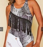 NWT‎ Peach California Love Black Snake Print Fringe Bodysuit Medium