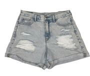 American Eagle  Mom Short Light Wash Distressed Size 4 Hi Rise Raw Hem Cut Off