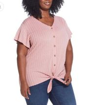 Weatherproof Vintage Pink Tie Front T-Shirt V-Neck Braided Knit Top XXL