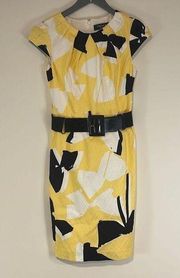 Chetta B Sunhee Women's Sheath Dress Midi Geometric Cap Sleeve Yellow Size 2