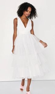 Dramatic Perfection White Tulle Sleeveless Tiered Midi Dress