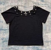 St John Sport Black Knit Grommet Rope Neckline Short Sleeve Blouse Large