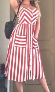 Red & White Striped Button Front Midi Dress