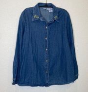 Vintage Blair Denim Button Down Floral Embroidered Long Sleeve Shirt EUC Sz M