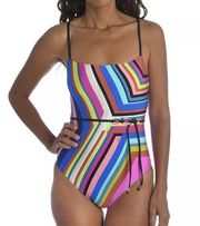 TRINA TURK Illusions Stripe Belted One-Piece Swimsuit 6 NWOT