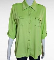 Diane Gilman Lime Jersey Knit Roll Tab Button Down Size Medium