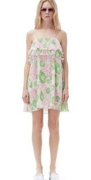 GANNI Womens Pink Green Pleated Ruffle Georgette Strap Mini Dress Sz S