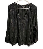 Rock & Republic Black Gold Pinstripe Studded Collar Long Sleeve Blouse Size Med