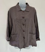 FLAX 100% Linen Brown Button Up Shirt front pockets Small long sleeve Lagenlook