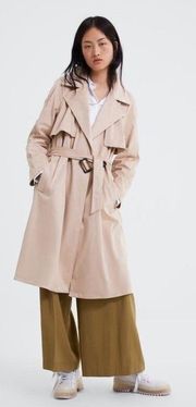 Zara Tan Trench Coat XS Faux Suede Double Breasted Belted Classic Mid Length