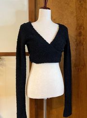 SKIMS | Cozy Knit Wrap Top Onyx Black Long Sleeve V-Neck Cropped Sweater Sz S/M