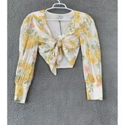 WAYF Women's Medium Long Sleeve Tie Front Floral Cropped Blouse Top