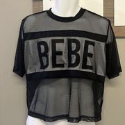 Bebe Sport Black Mesh Short Sleeve Cropped Athletic Sheer Shirt- Large