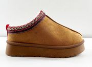 Platform Suede Slip On Embroidered Trim Mule Slippers Shoes Brown 10