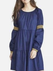 Elizabeth and James Navy Blue Peasant Tiered Dress Embroidered Long Sleeve Sz L