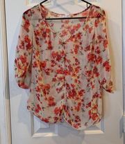 A'Gaci Sheer Floral 3/4 Sleeve Blouse