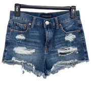 Aeropostale  SZ 0 Hi-Rise Shorty Jean Shorts Distressed Whiskered Frayed Hem Blue