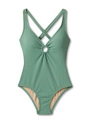 NWT  Wide Ribbed Center Ring Medium Coverage One Piece Swimsuit Slate L