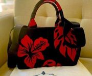 Authentic Prada Red/Black Hibiscus Print Canepa two way Tote w/ dustbag