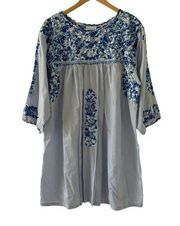 Mi Golondrina Dress Womens Large Blue Striped Catalina Floral Embroidered