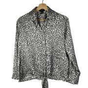 Japna White & Black Satin Snow Leopard Long Sleeve Button Down XS