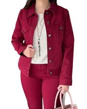 Liverpool Classic Button Down Jean Jacket w Pockets in Red Velvet