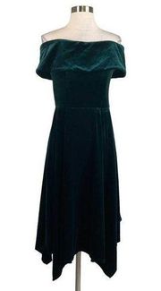 Women's Cocktail Dress Green Velvet Off the Shoulder High Low Hem Size 14