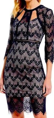 NWT  GEO Navy Cream Floral Lace Knit Cocktail Dress Halter Sheath CutOut 4