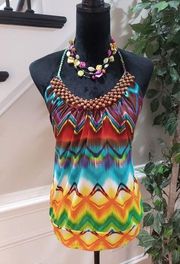 Heart Soul Women Multicolor Beaded Halter Neck Sleeveless Casual Top Blouse L